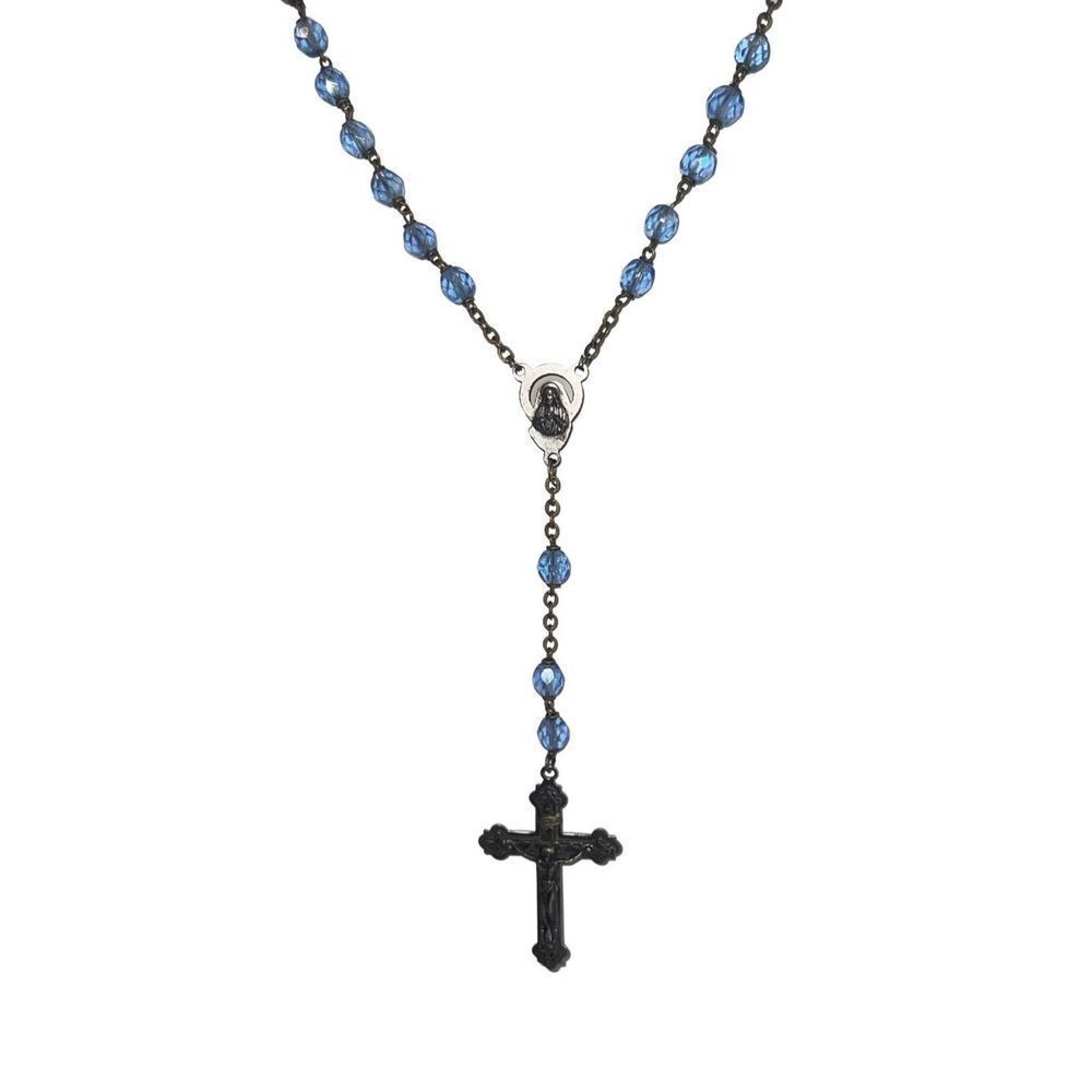 Vintage 1950s Blue Crystal Rosary with Silver Cross Christ Mary